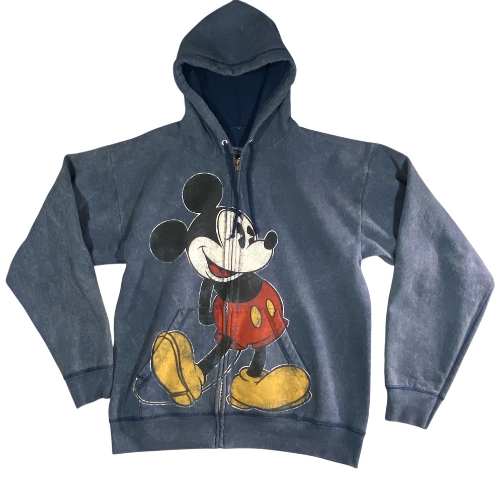 Disney Mickey‎ Mouse Full Zip Hoodie Faded Blue Graphic Sweatshirt Mens Medium